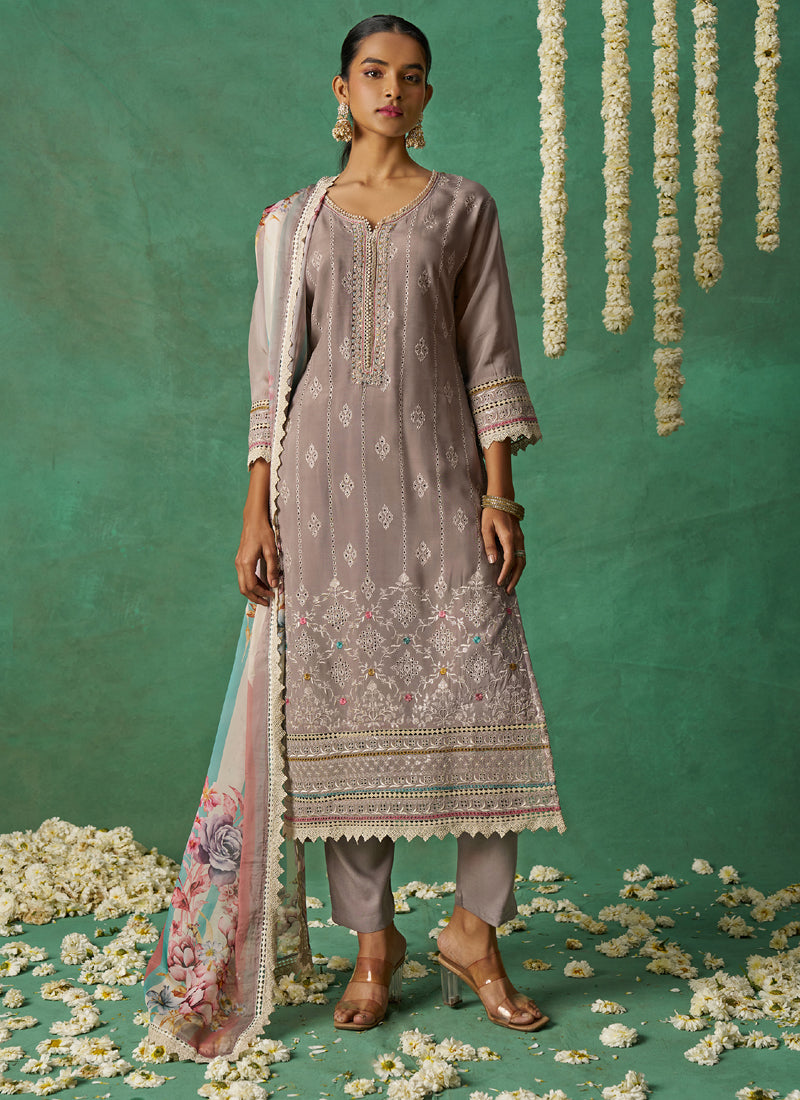 Beige Pure Organza Embroidered Wedding Wear Suit
