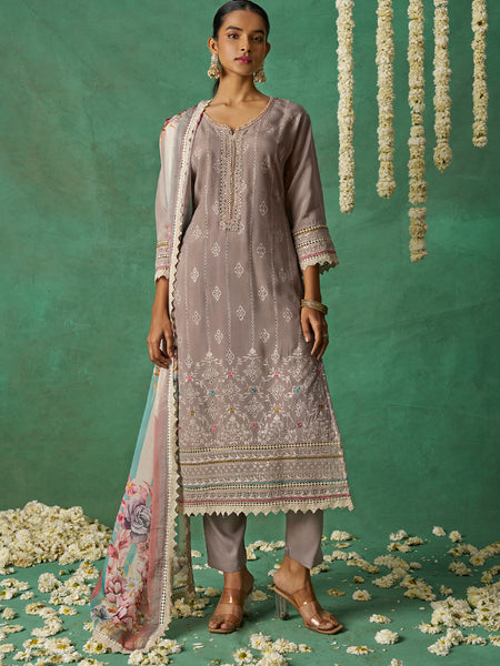 Beige Pure Organza Embroidered Wedding Wear Suit