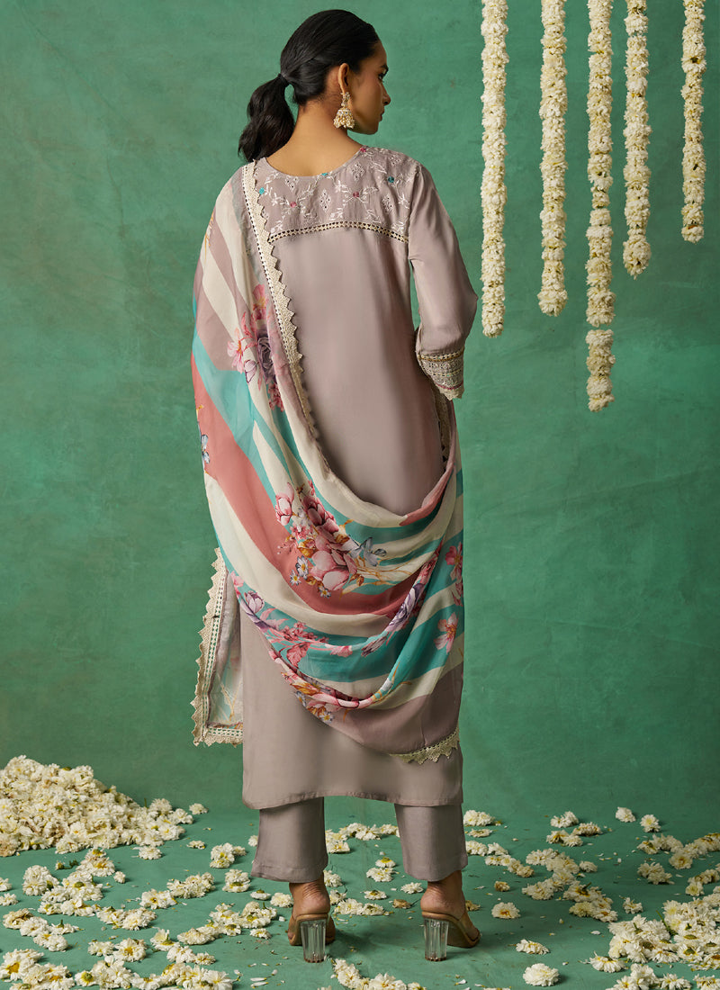 Beige Pure Organza Embroidered Wedding Wear Suit