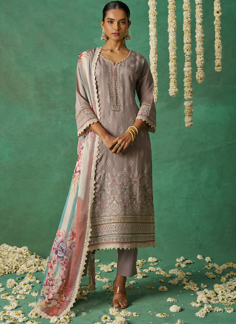 Beige Pure Organza Embroidered Wedding Wear Suit