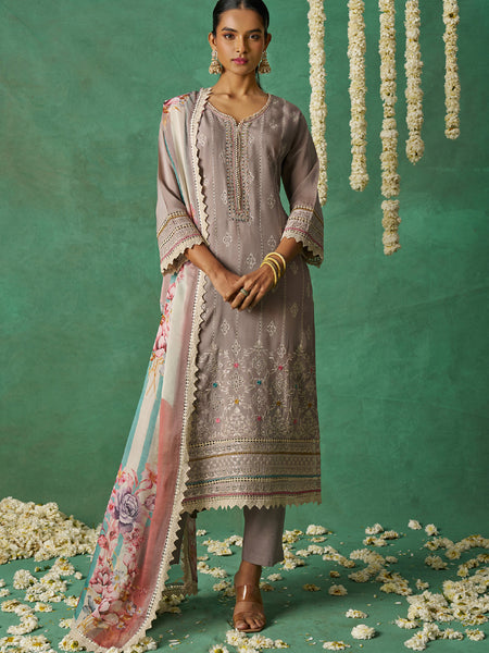 Beige Pure Organza Embroidered Wedding Wear Suit