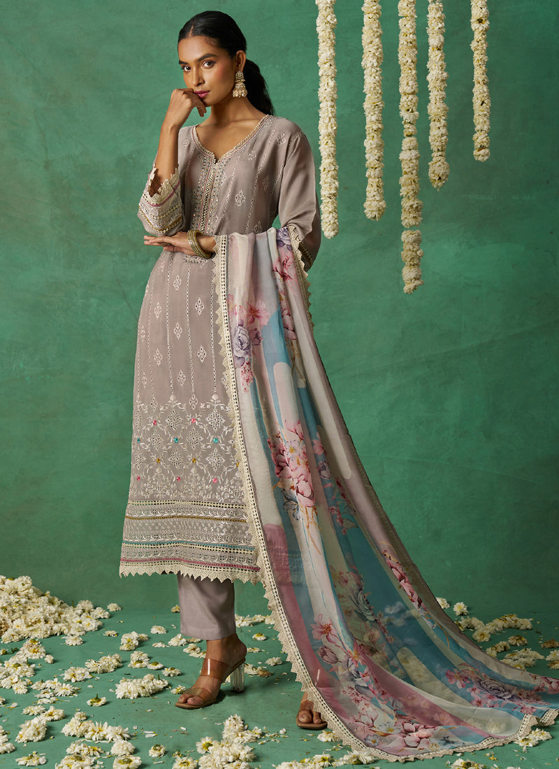 Pure Beige Organza Embroidered Wedding Wear Suit