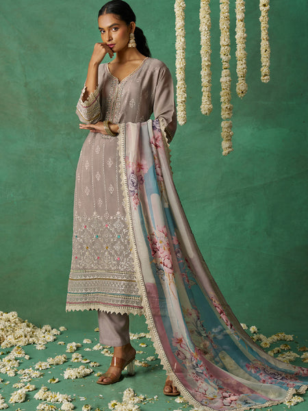 Pure Beige Organza Embroidered Wedding Wear Suit
