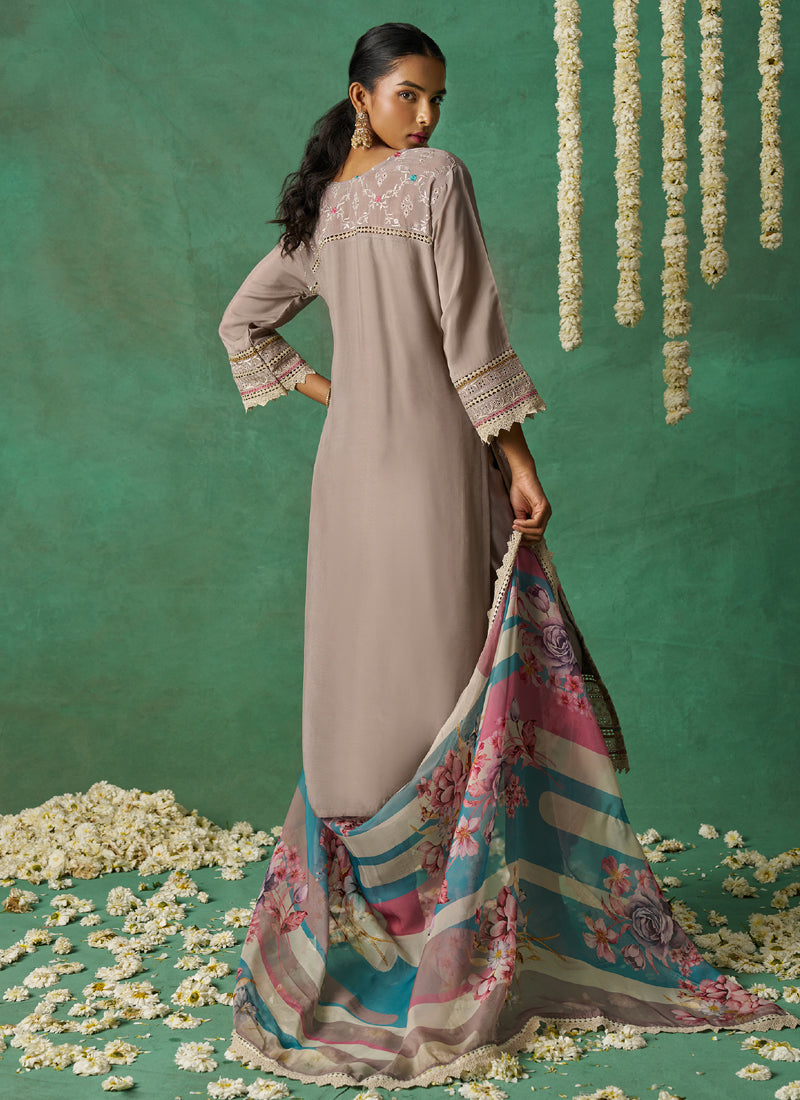 Pure Beige Organza Embroidered Wedding Wear Suit