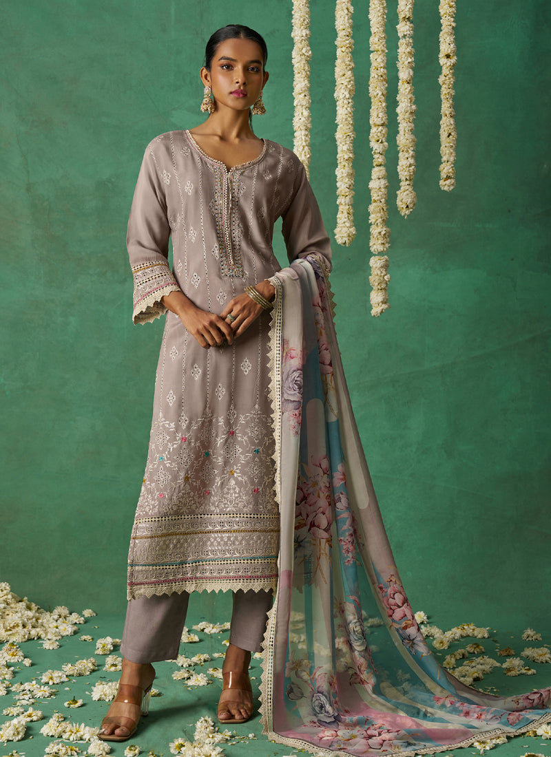 Pure Beige Organza Embroidered Wedding Wear Suit