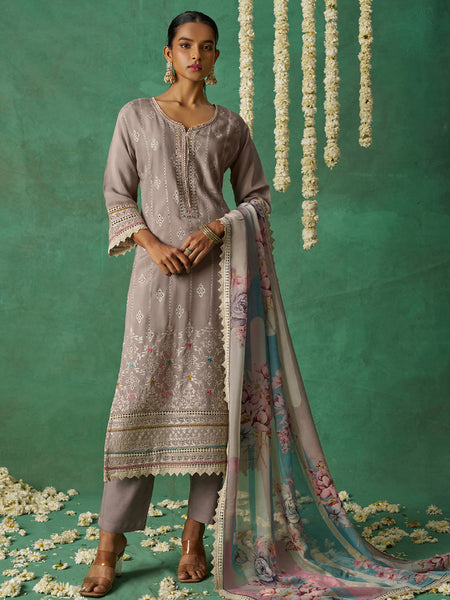 Pure Beige Organza Embroidered Wedding Wear Suit
