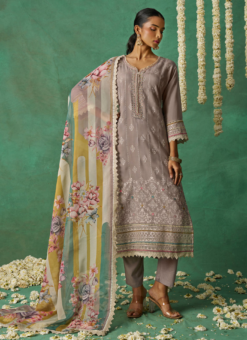 Beige Pure Organza Embroidered Wedding Wear Suit