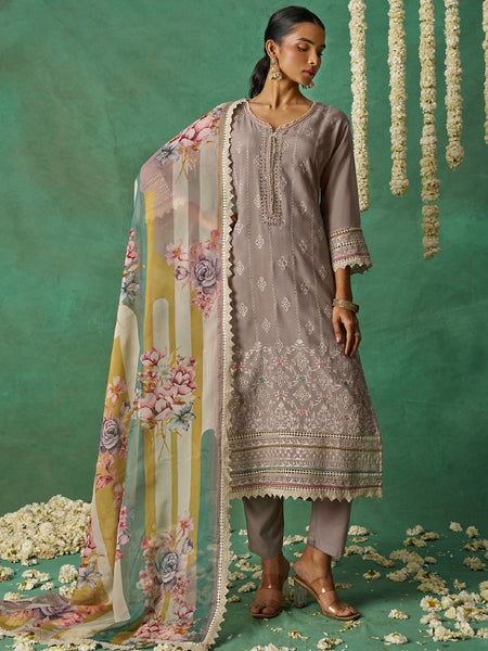 Beige Pure Organza Embroidered Wedding Wear Suit