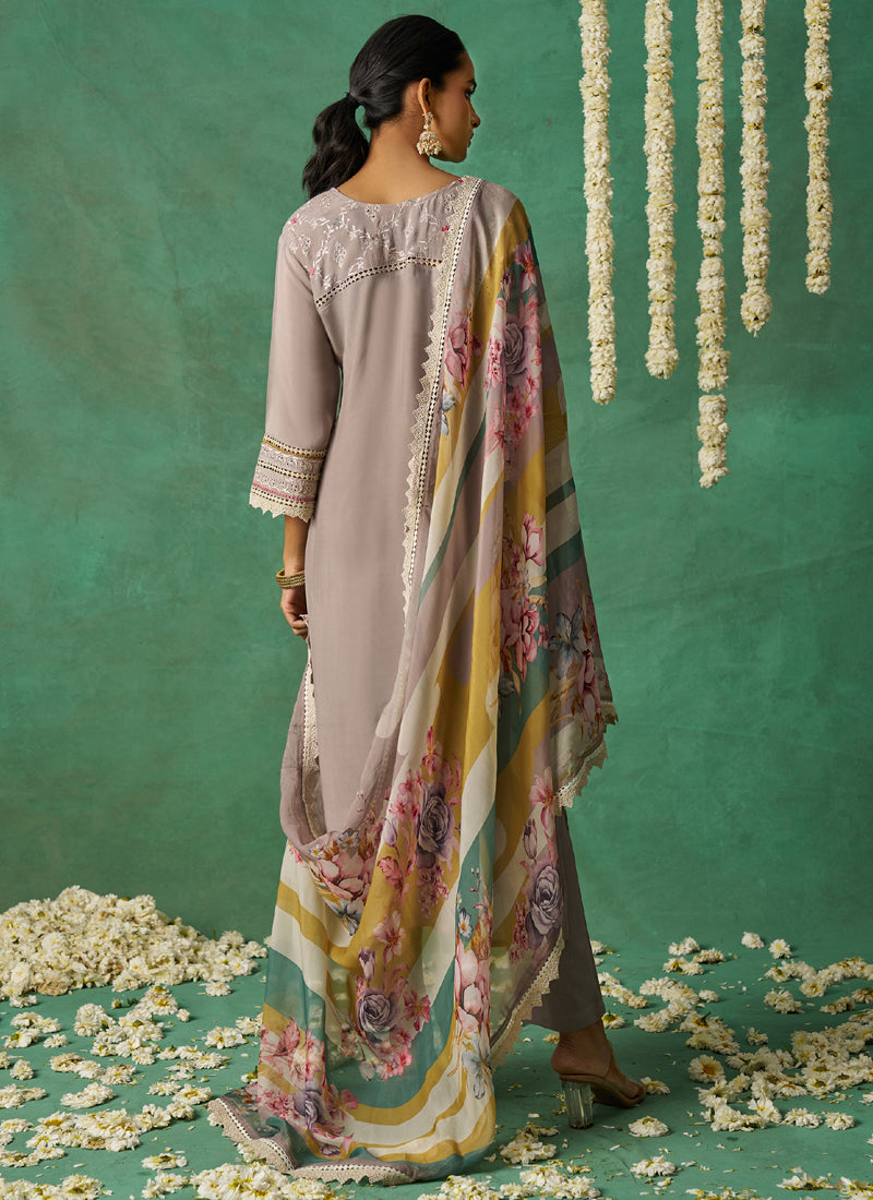 Beige Pure Organza Embroidered Wedding Wear Suit