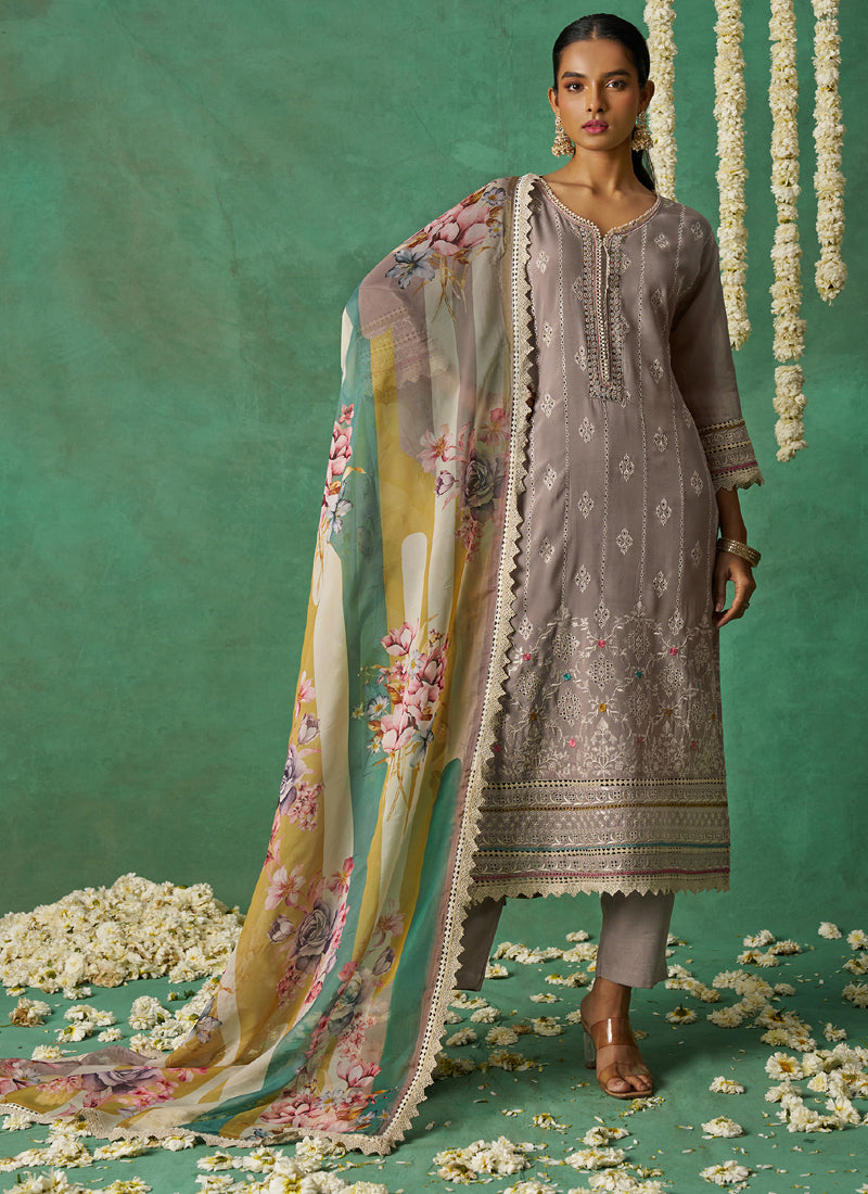 Beige Pure Organza Embroidered Wedding Wear Suit