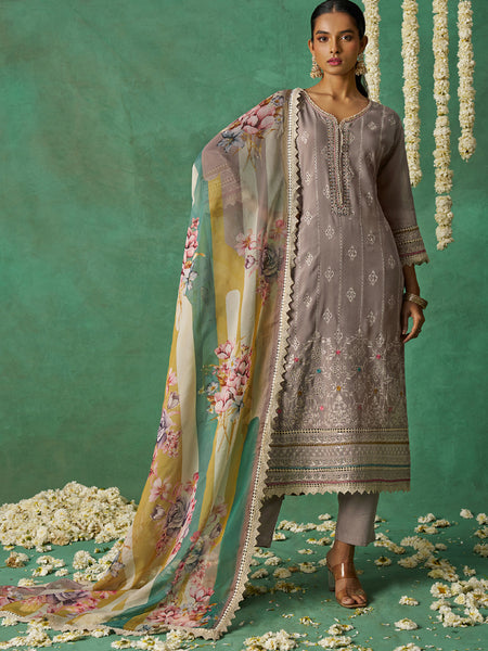 Beige Pure Organza Embroidered Wedding Wear Suit