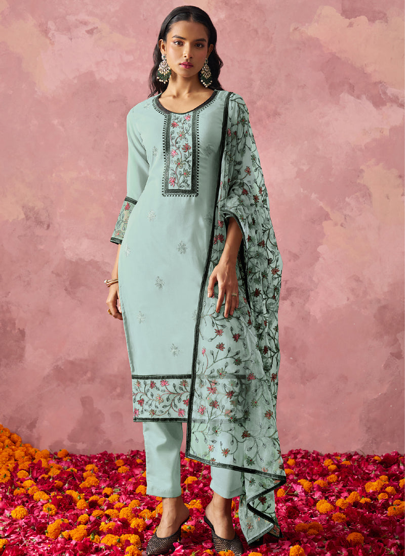 Sky Blue Georgette Embroidered Salwar Suit