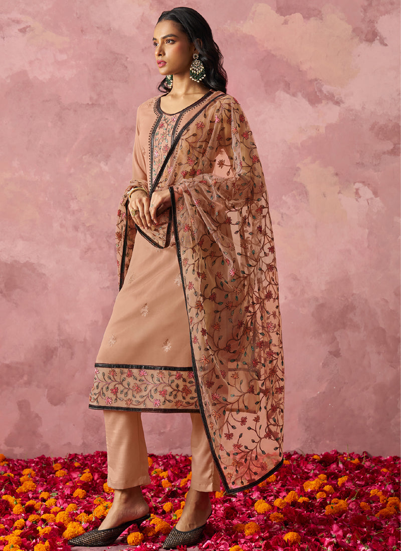 Light Orange Georgette Embroidered Salwar Suit