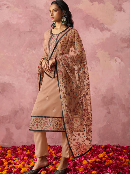 Light Orange Georgette Embroidered Salwar Suit