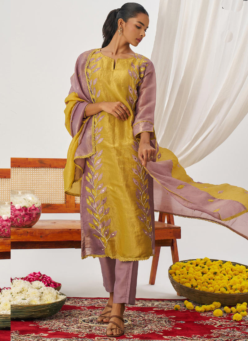Yellow Organza Embroidered Party Wear Suit