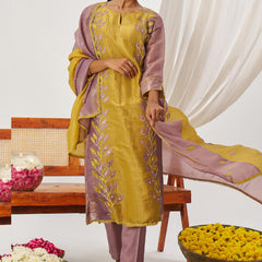 Yellow Organza Embroidered Party Wear Suit