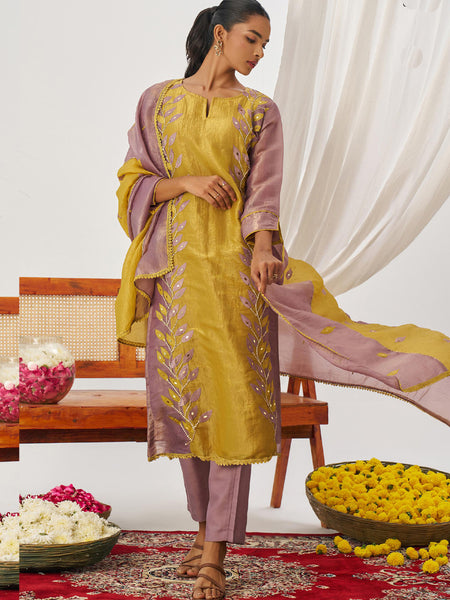 Yellow Organza Embroidered Party Wear Suit
