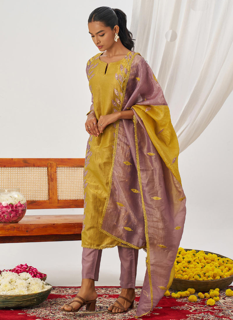 Yellow Organza Embroidered Party Wear Suit