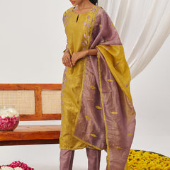 Yellow Organza Embroidered Party Wear Suit