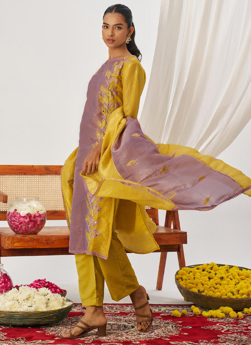 Yellow And Lavender Organza Embroidered Party Wear Suit