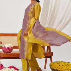 Yellow And Lavender Organza Embroidered Party Wear Suit