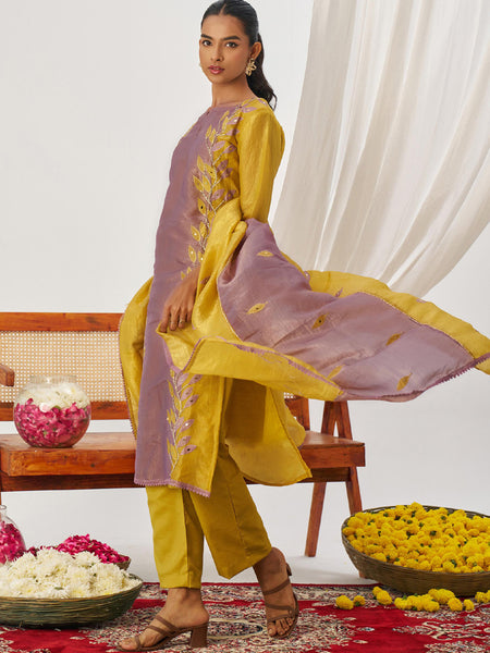 Yellow And Lavender Organza Embroidered Party Wear Suit