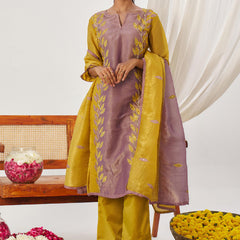 Yellow And Lavender Organza Embroidered Party Wear Suit