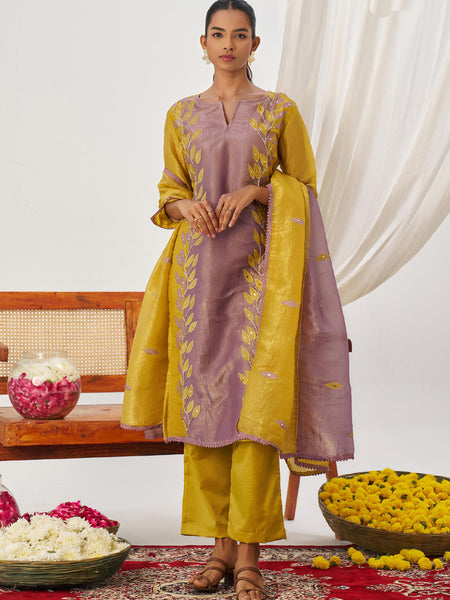 Yellow And Lavender Organza Embroidered Party Wear Suit