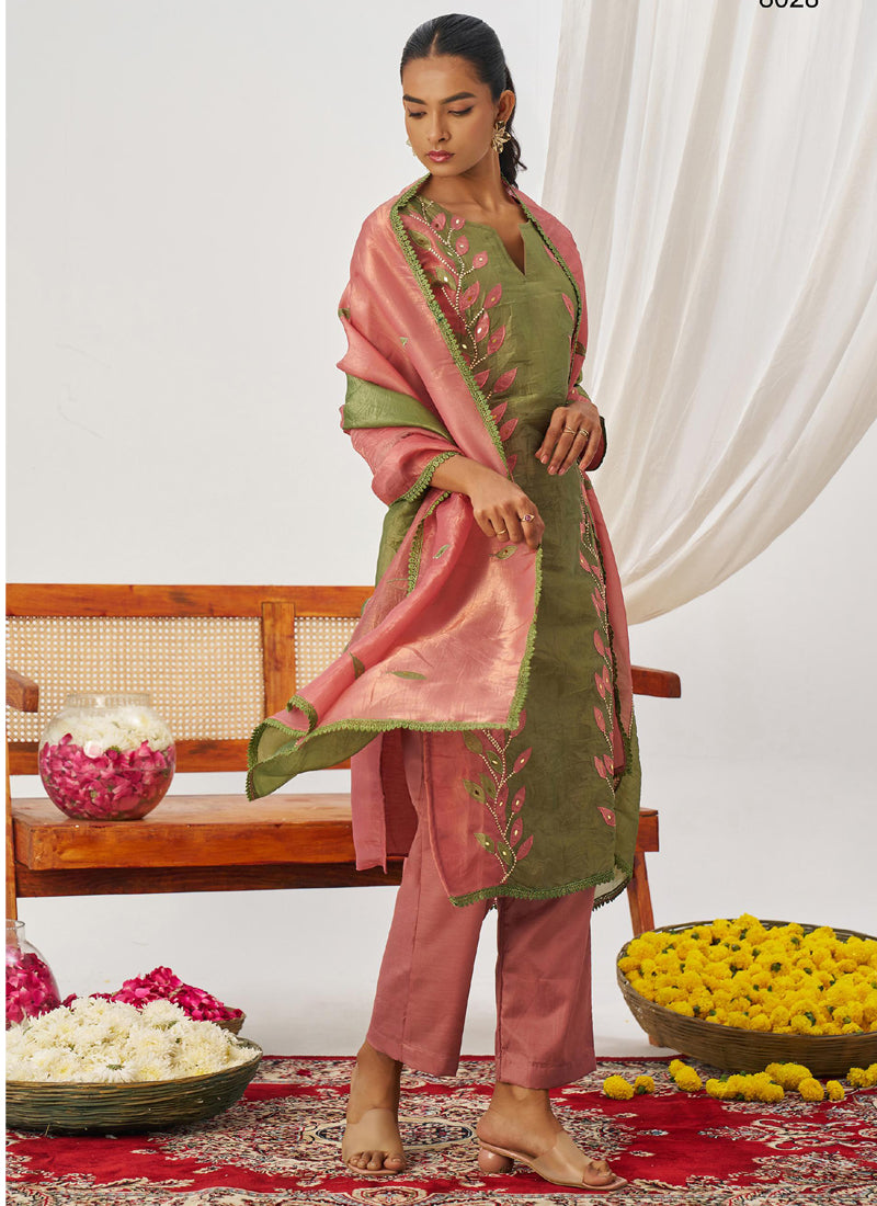 Peach Organza Embroidered Party Wear Suit
