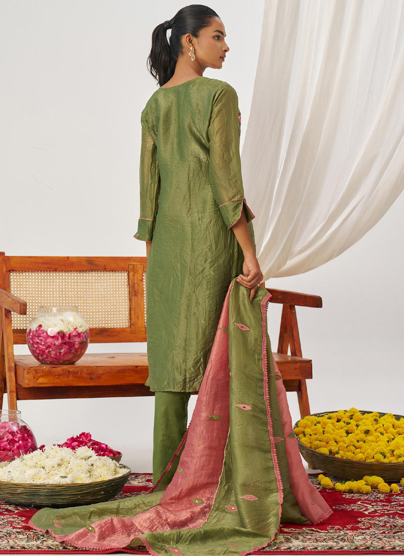Peach Organza Embroidered Party Wear Suit