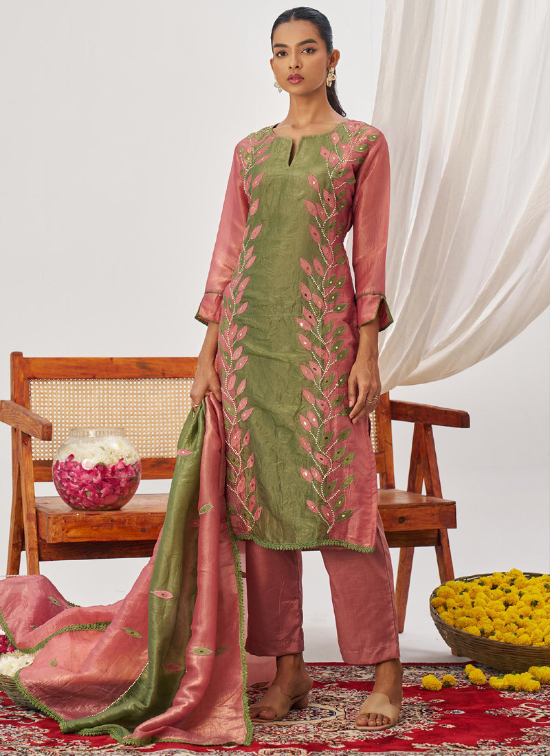 Peach Organza Embroidered Party Wear Suit