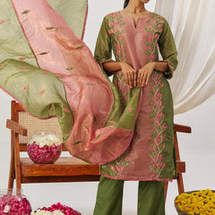 Green Organza Embroidered Party Wear Suit