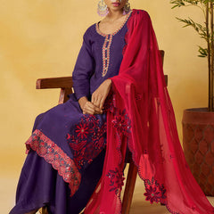 Violet Organza Embroidered And Handwork Palazzo Suit
