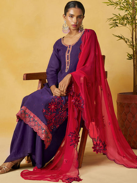 Violet Organza Embroidered And Handwork Palazzo Suit