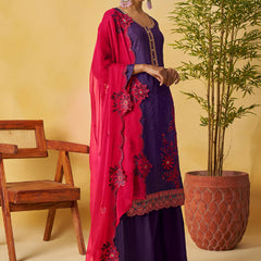 Violet Organza Embroidered And Handwork Palazzo Suit