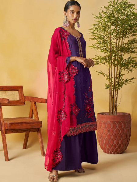 Violet Organza Embroidered And Handwork Palazzo Suit