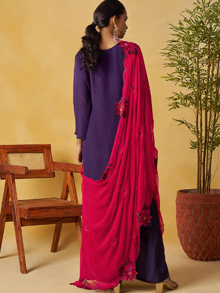 Violet Organza Embroidered And Handwork Palazzo Suit