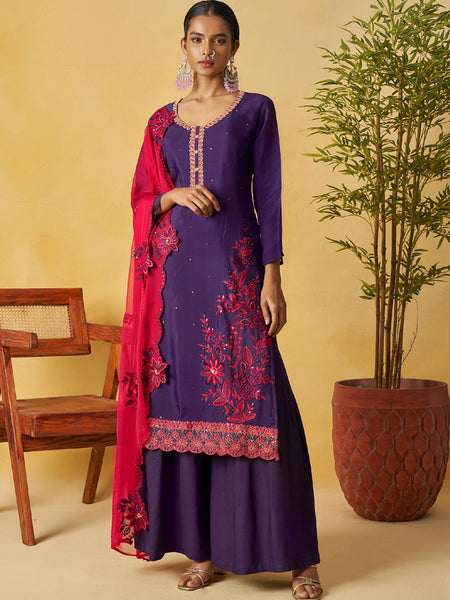 Violet Organza Embroidered And Handwork Palazzo Suit