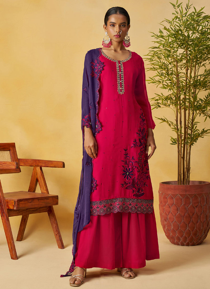 Red Organza Embroidered And Handwork Palazzo Suit