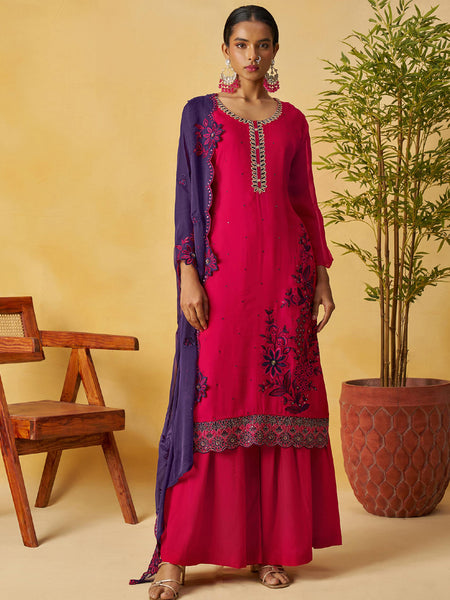 Red Organza Embroidered And Handwork Palazzo Suit
