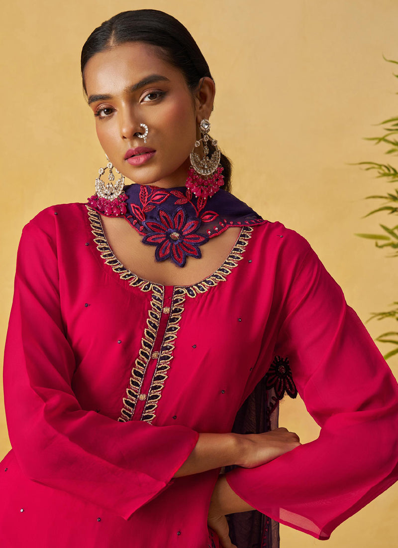 Red Organza Embroidered And Handwork Palazzo Suit