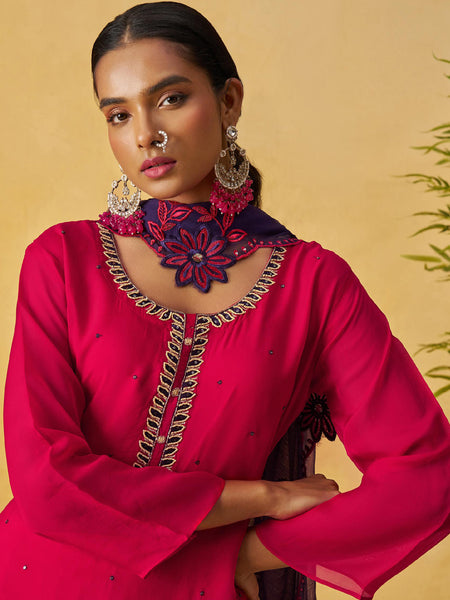 Red Organza Embroidered And Handwork Palazzo Suit