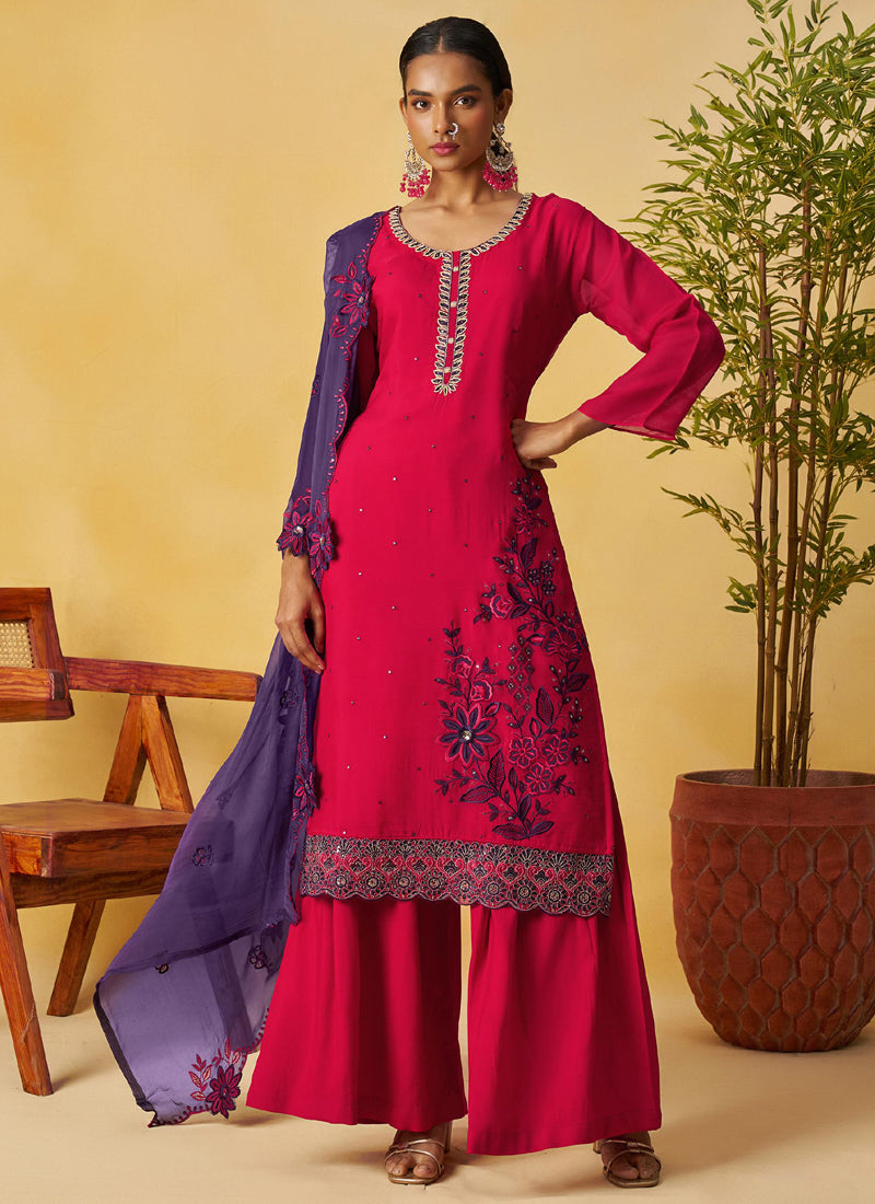 Red Organza Embroidered And Handwork Palazzo Suit