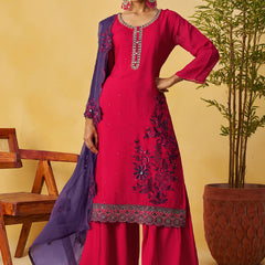 Red Organza Embroidered And Handwork Palazzo Suit