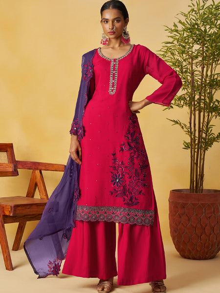 Red Organza Embroidered And Handwork Palazzo Suit