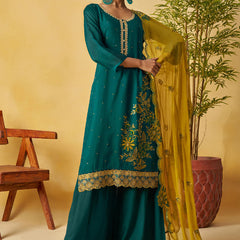 Aqua Green Organza Embroidered And Handwork Palazzo Suit