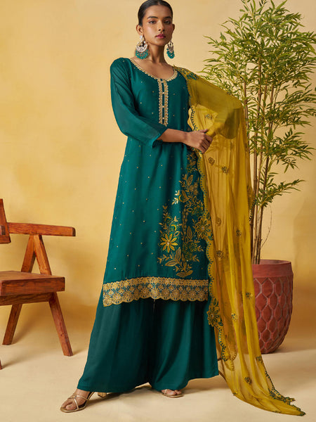 Aqua Green Organza Embroidered And Handwork Palazzo Suit