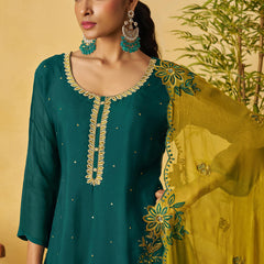 Aqua Green Organza Embroidered And Handwork Palazzo Suit