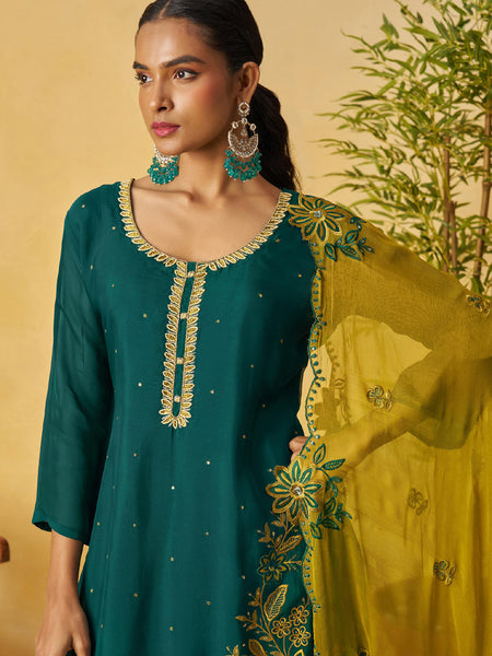 Aqua Green Organza Embroidered And Handwork Palazzo Suit