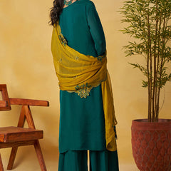 Aqua Green Organza Embroidered And Handwork Palazzo Suit